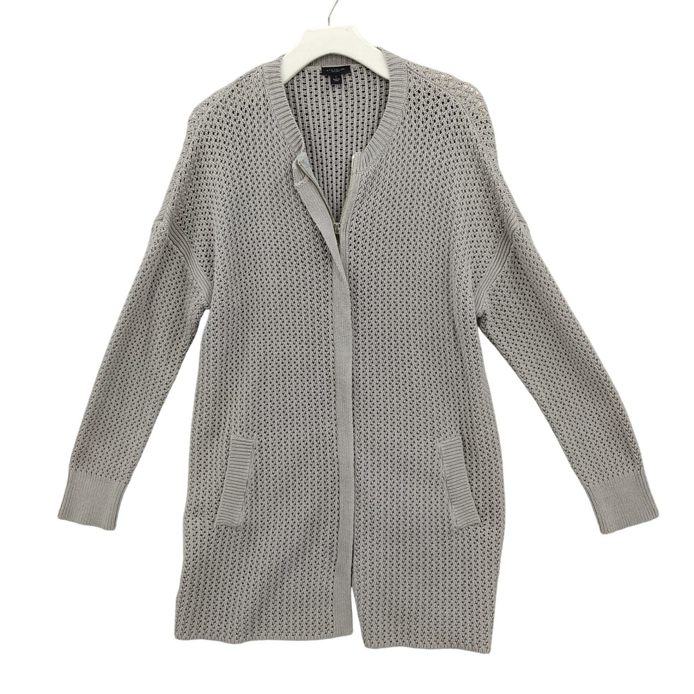 Ann Taylor Women Coastal Cottage Minimalist Zip Up Cardigan L Gray Tan Open Knit